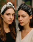 Models wearing upcycled chanel scarf headbands by piggi International