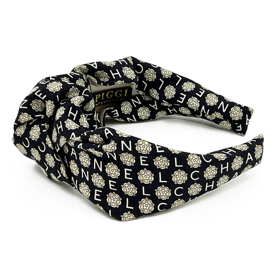 Knot headband made from upcycled chanel camellia scarf