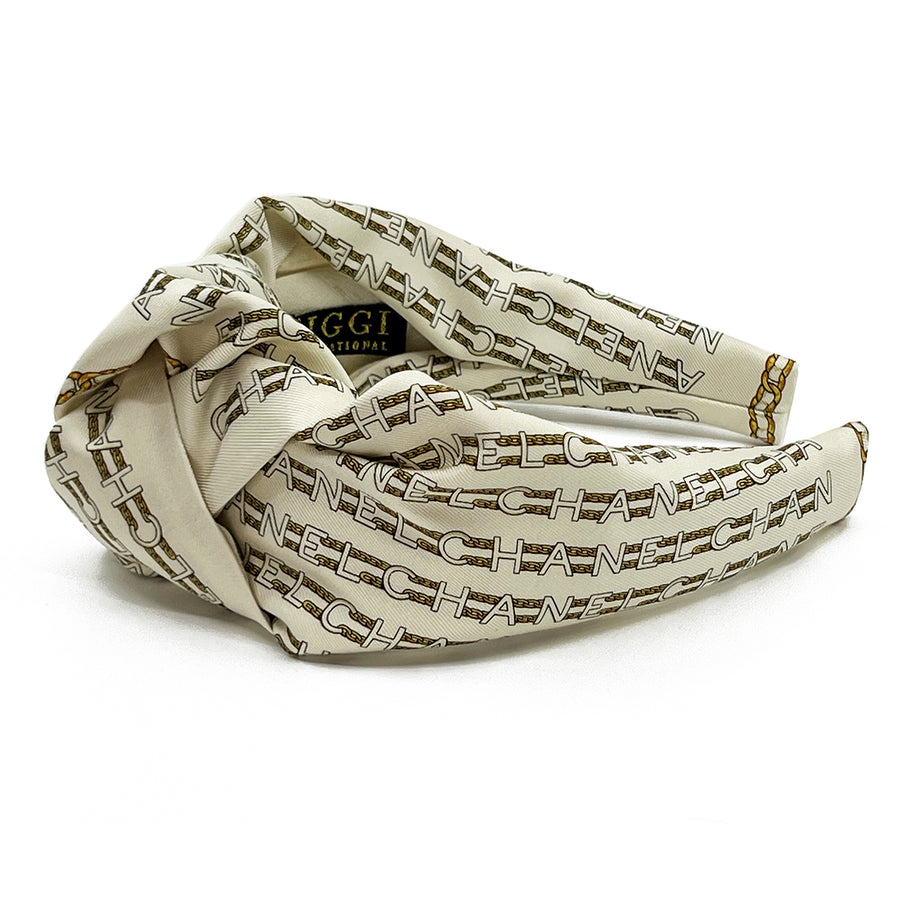Chanel Silk Petit Scarf Upcycled Knot Headband Ivory & Gold