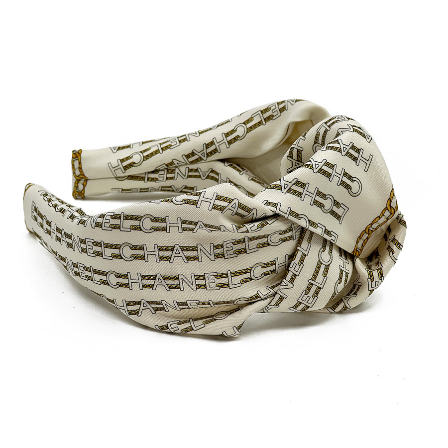Chanel Silk Petit Scarf Upcycled Knot Headband Ivory & Gold