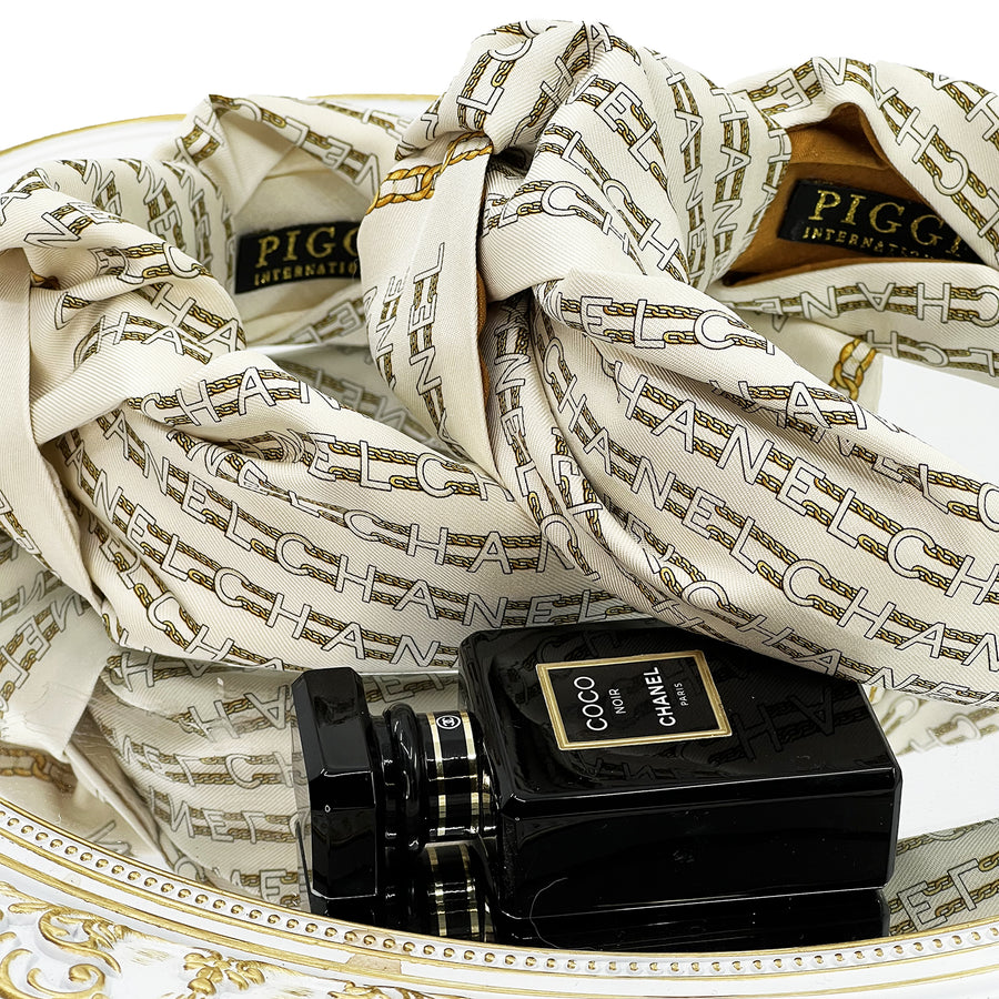 Chanel Silk Petit Scarf Upcycled Knot Headband Ivory & Gold