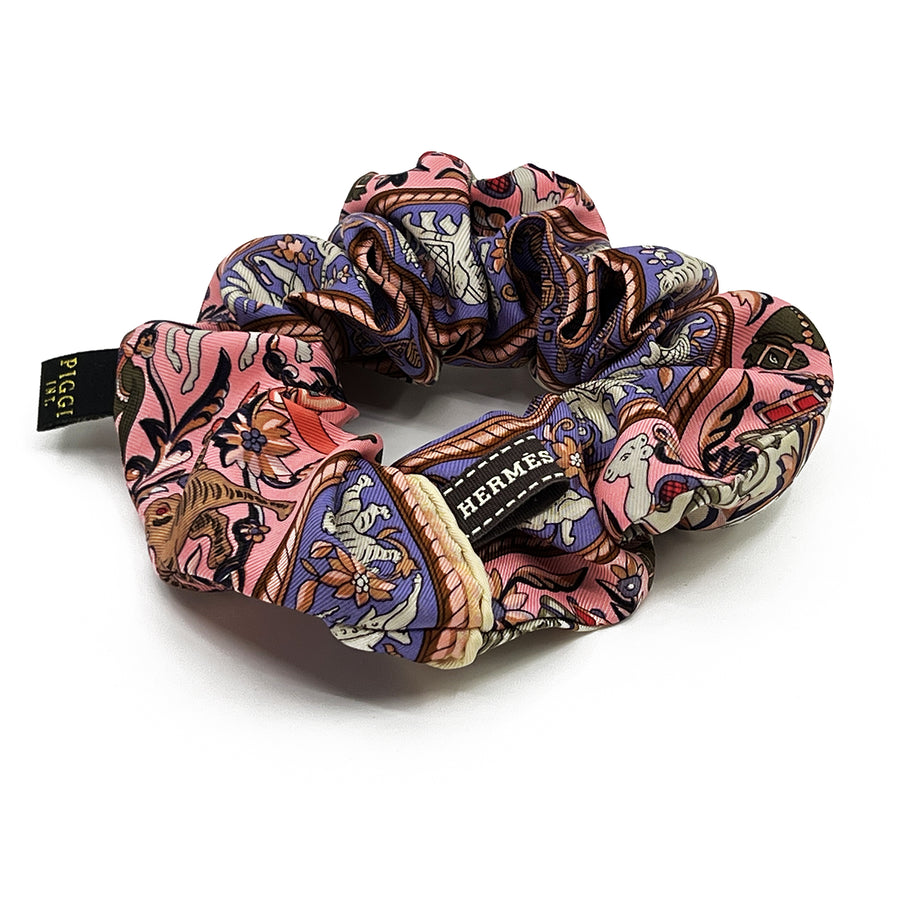 Hermes Chasse en Indie Silk Scarf upcycled scrunchie