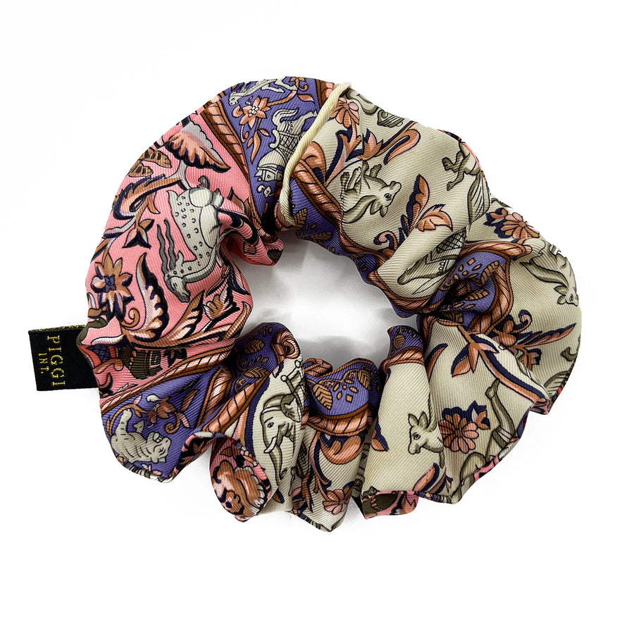 Hermes Chasse en Indie Silk Scarf upcycled scrunchie
