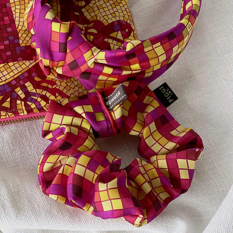 Silk Scrunchie made from Mosaique Au 24 Silk Scarf in Hot Pink and Yellow