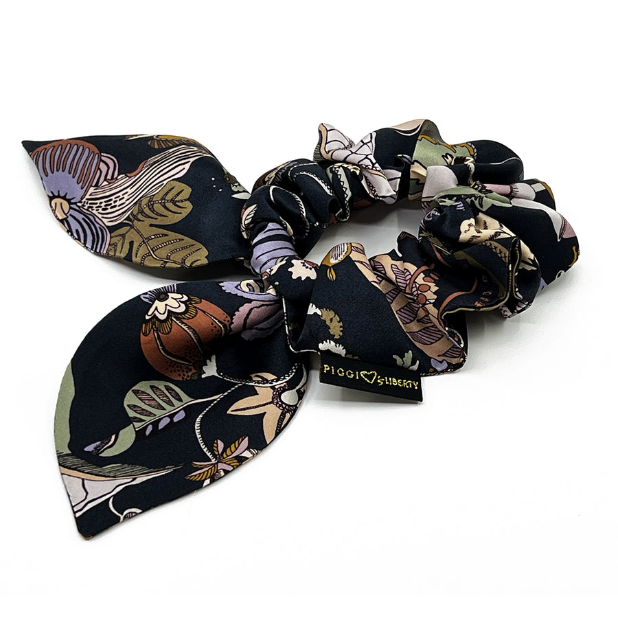 Liberty London Fantasy Land Black Green Silk Scrunchie
