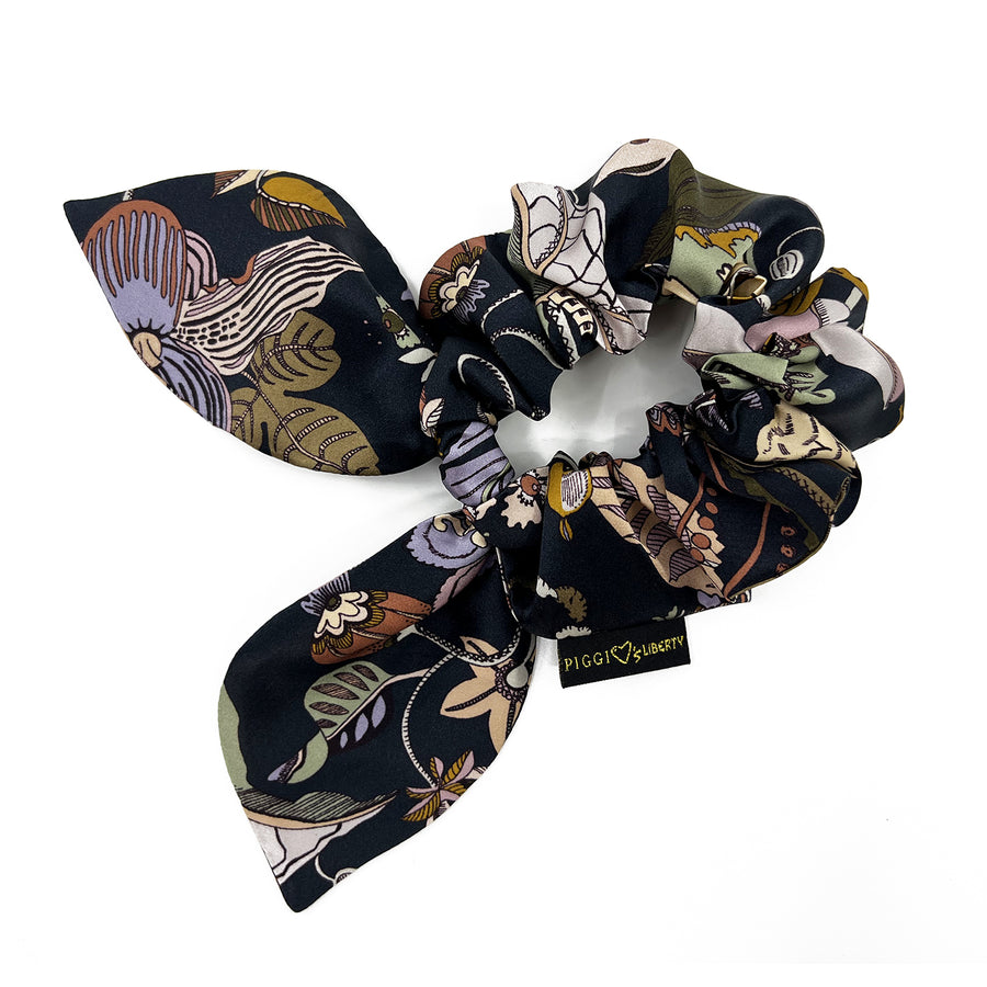 Liberty London Fantasy Land Black Green Silk Scrunchie