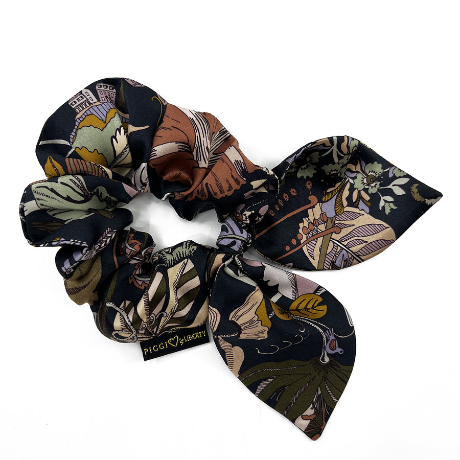 Liberty London Fantasy Land Black Green Silk Scrunchie