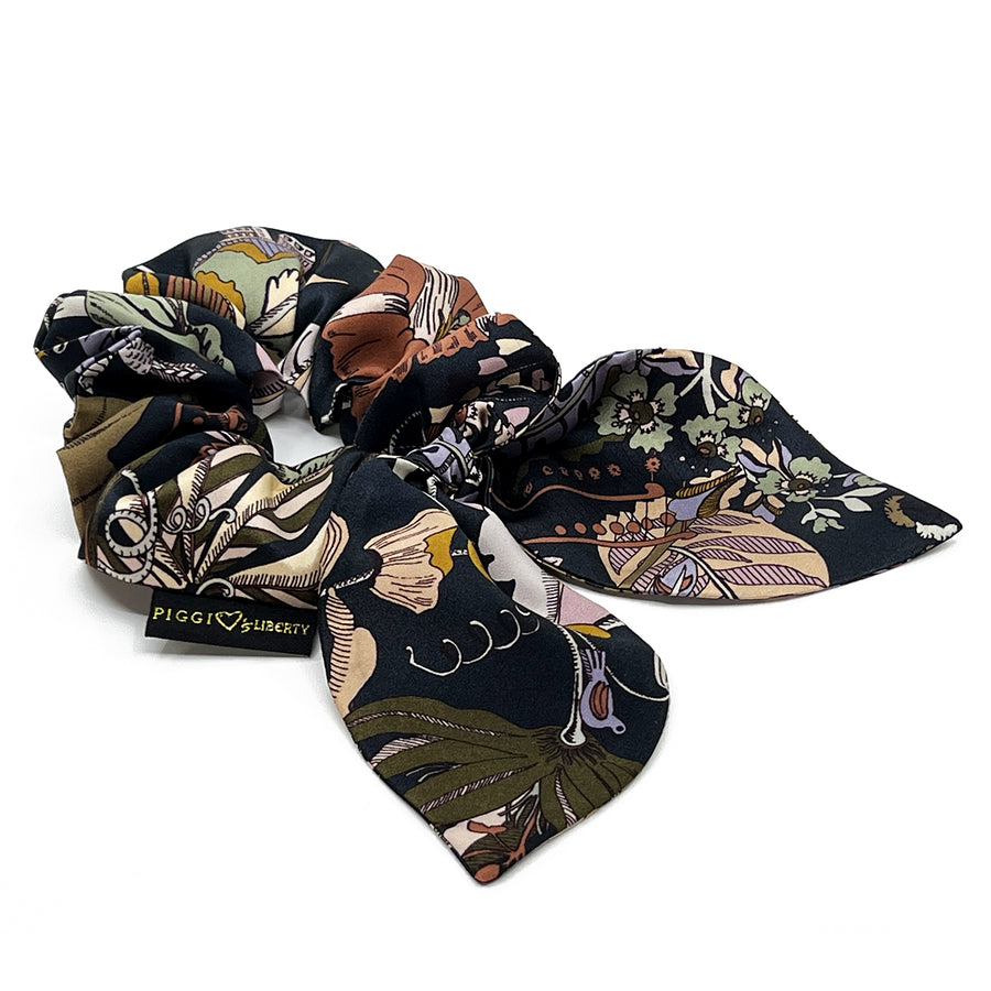 Liberty London Fantasy Land Black Green Silk Scrunchie