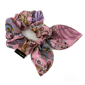 Liberty London Fantasy Land Pink Silk handmade scrunchie with bow tie