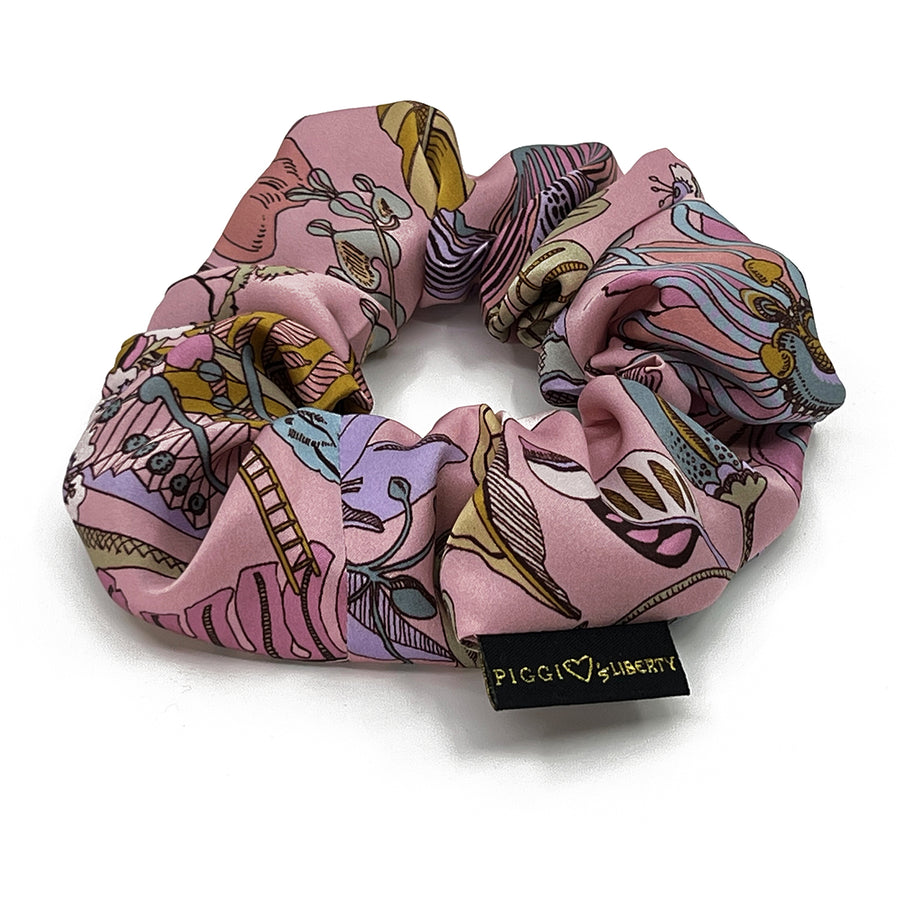 Liberty London Fantasy Land Pink Silk handmade scrunchie
