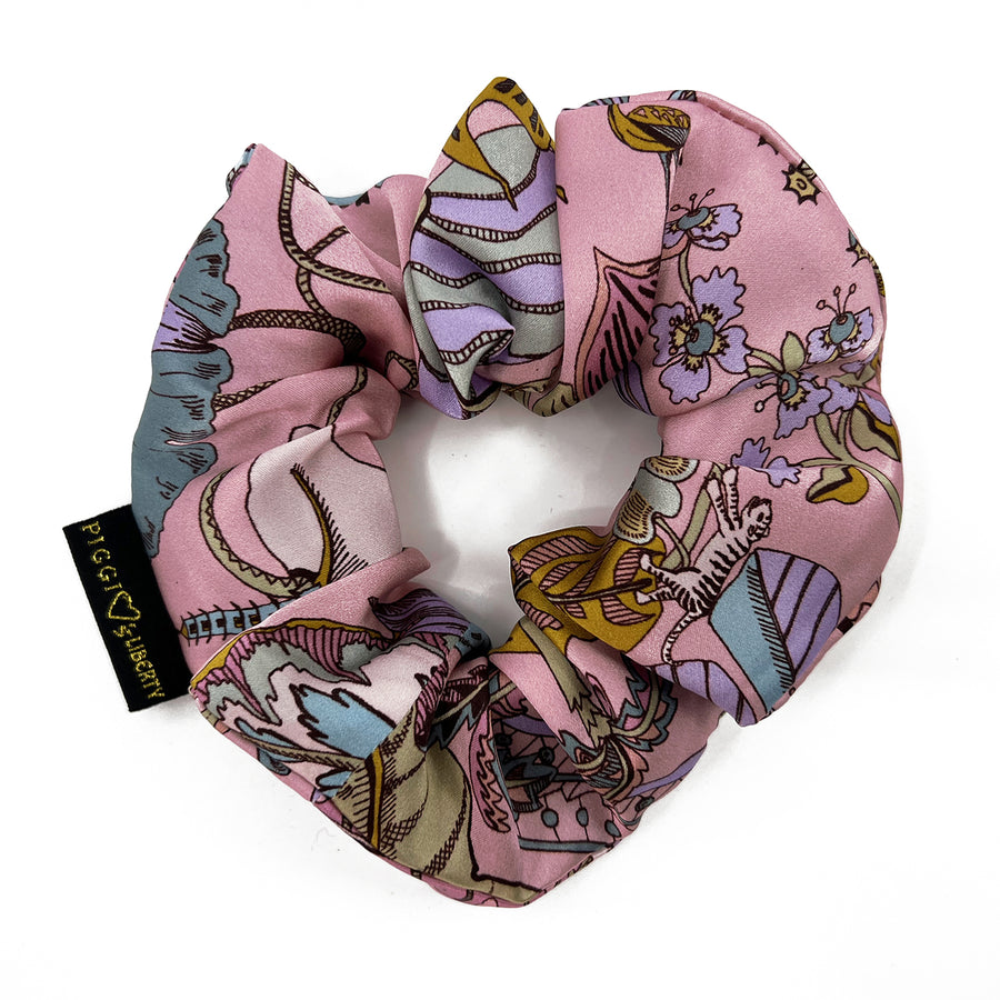 Liberty London Fantasy Land Pink Silk handmade scrunchie