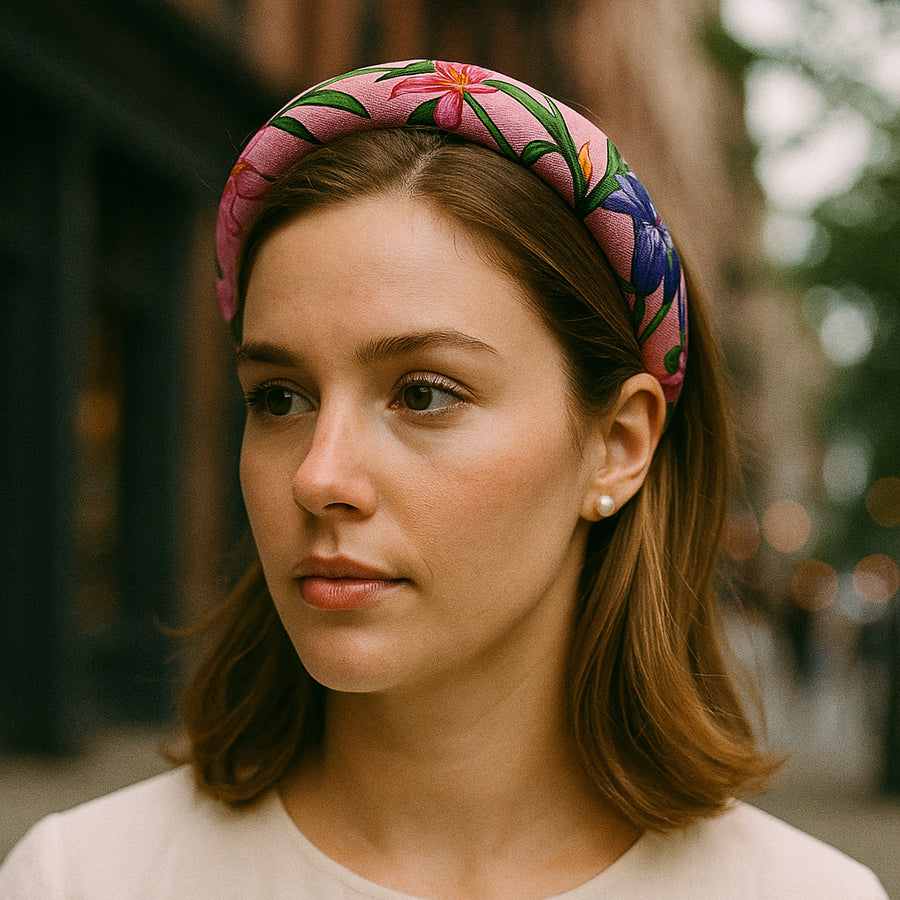 Model wearing pink floral gucci headband made from upcycled silk scarf