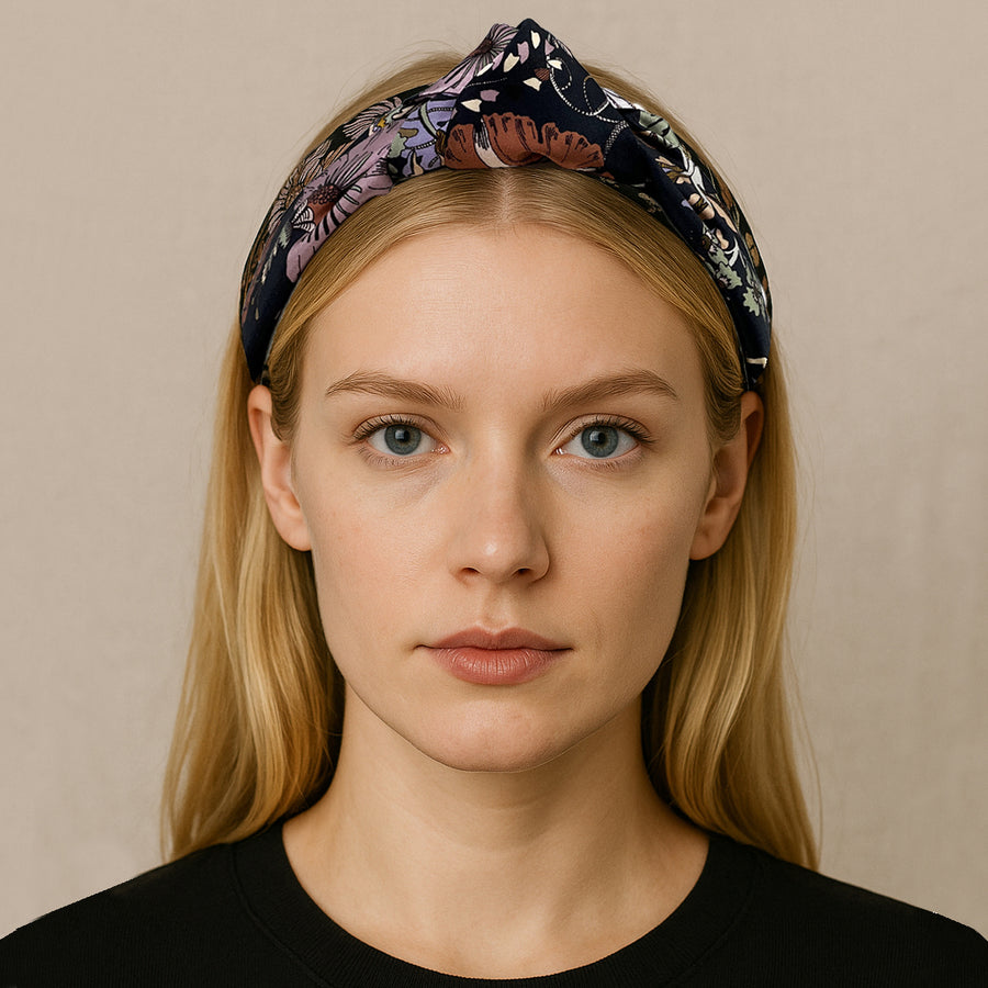 model wearing liberty London fantasy land black silk headband