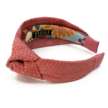 Sustainable Salmon skin knot headband in coral 