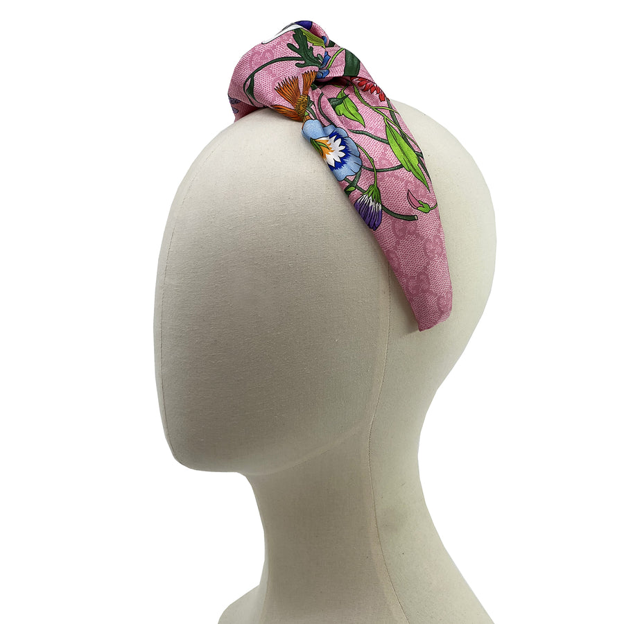 Gucci GG Pink Floral Silk Scarf Upcycled Knot Headband