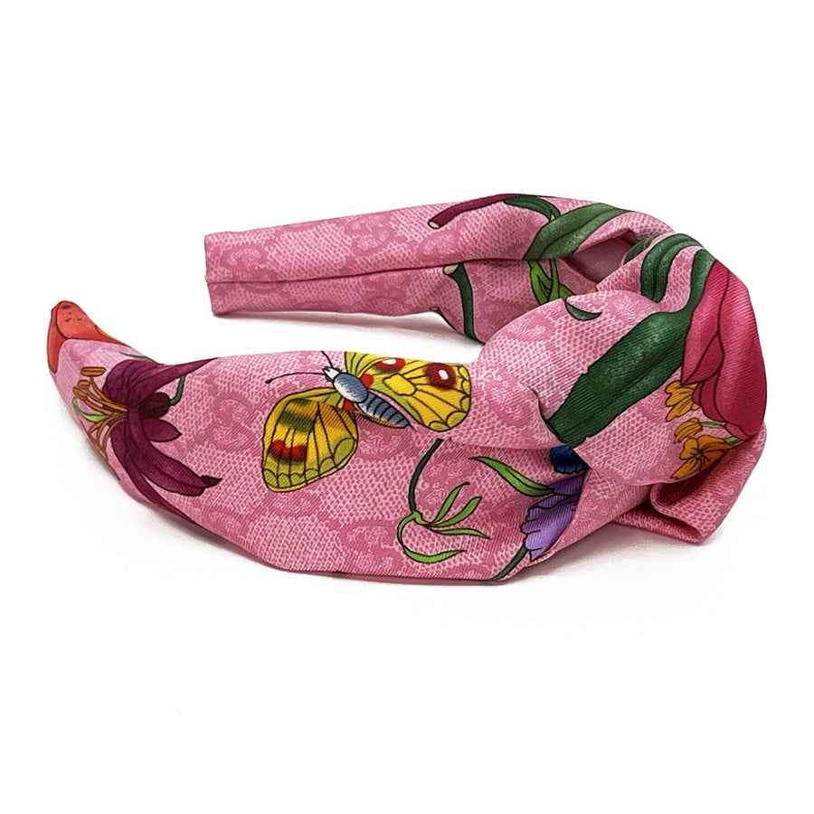 Gucci GG Pink Floral Silk Scarf Upcycled Knot Headband