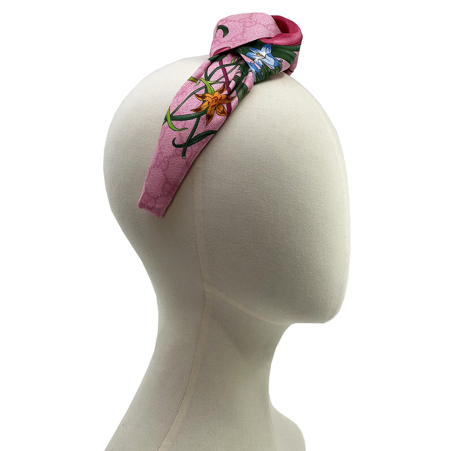 Gucci GG Pink Floral Silk Scarf Upcycled Knot Headband