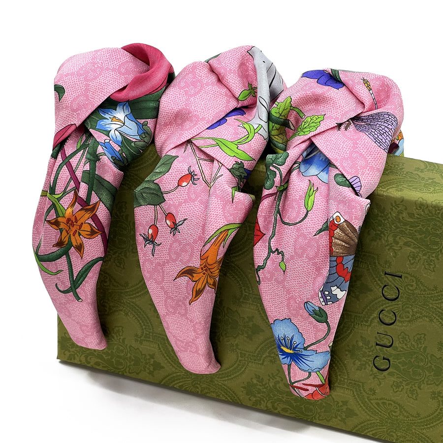 Gucci GG Pink Floral Silk Scarf Upcycled Knot Headband