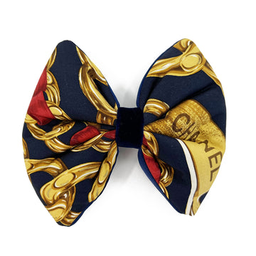 Chanel silk scarf upcycled hair bow by Piggi International in Navy and Red