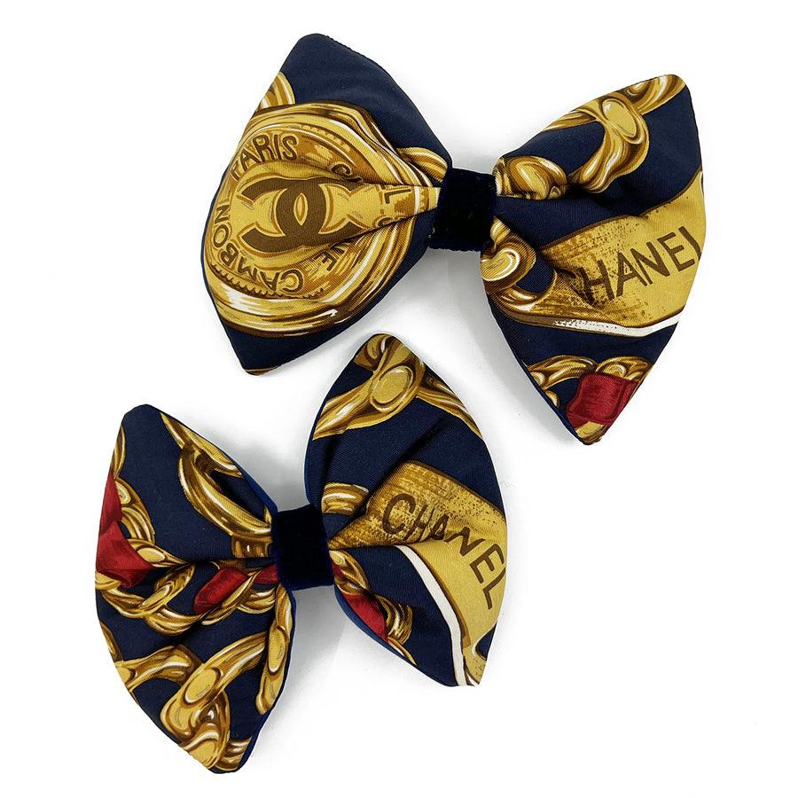 Chanel silk scarf upcycled hair bow by Piggi International in Navy and Red